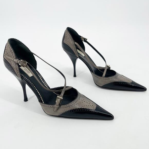 Vintage Prada Gray and Black Brogue Oxford Pointed Toe Mary Jane Heels IT 37 - Picture 1 of 11
